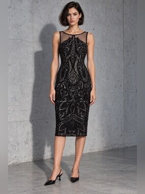Adrianna Papell Art Deco Sequin Beaded Illusion Dress Black 2